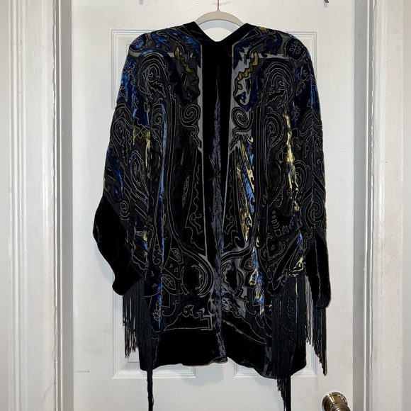 CHICOS Black Mesh and Velvet Fringe Short Kimono - Picture 2 of 4